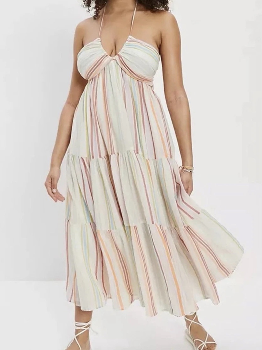 American Eagle M Halter Tiered Maxi Dress Rainbow Stripes
